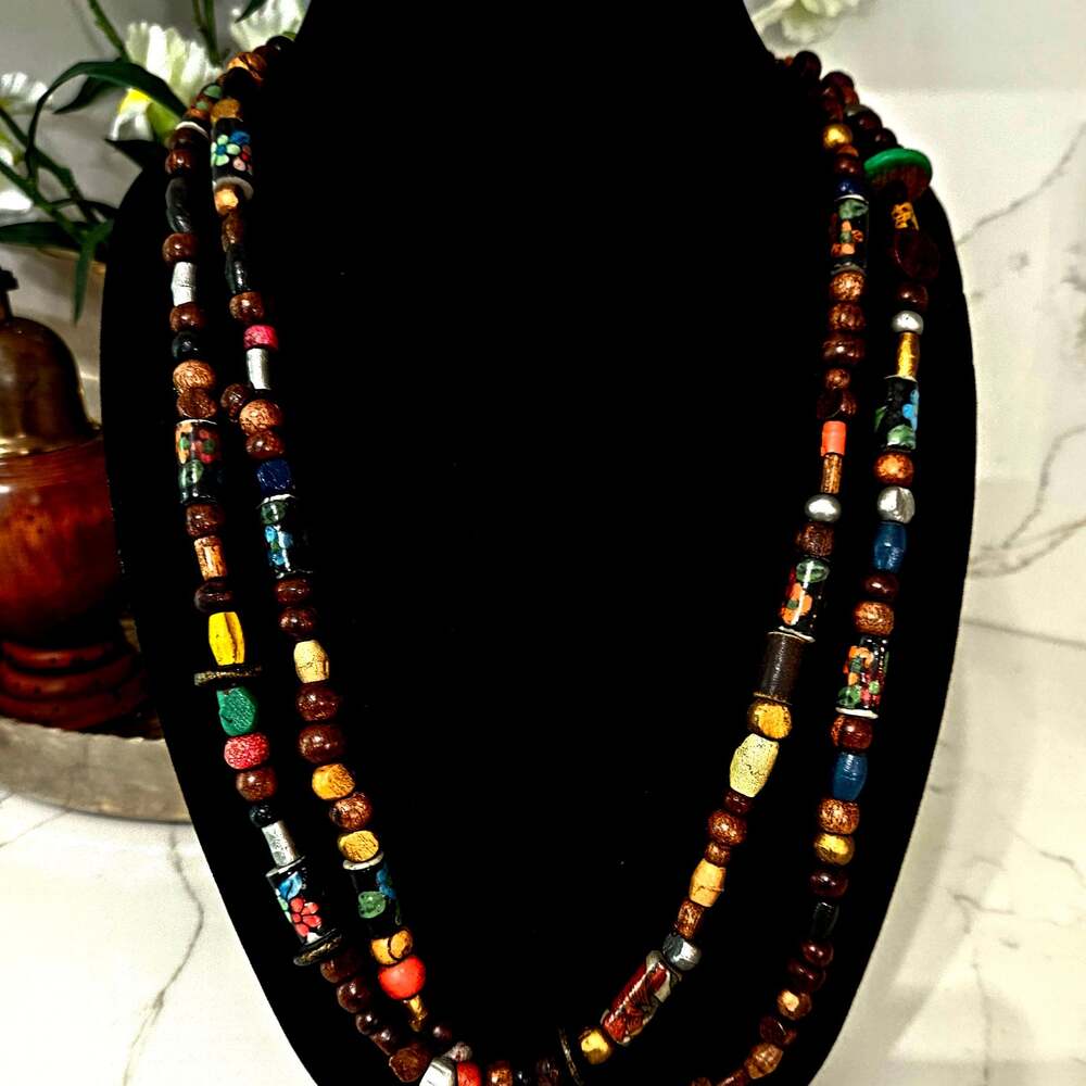 Long Multicolored Artisan Beaded Necklace W/ Painted Floral Wood & Mixed Beads